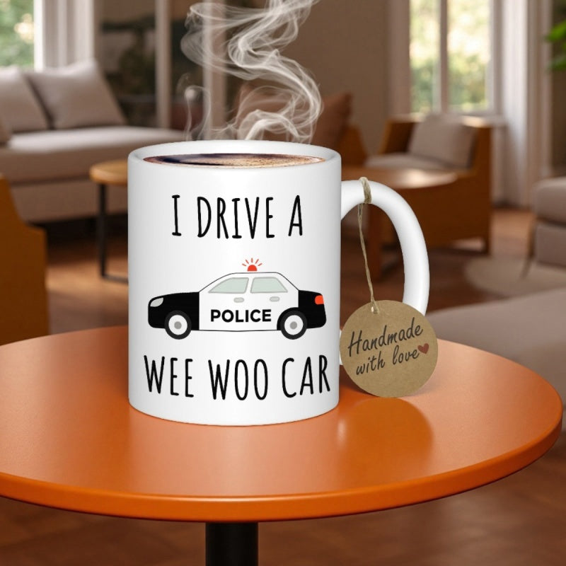 Tailorly White Ceramic 11 oz Mug - I Drive A Wee Woo Car Police Classic Black And White Emergency Vehicle Featuring Flashing Red Siren Car
