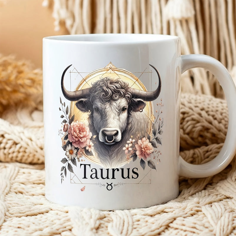 Tailorly White Ceramic 11 oz Mug - Taurus Majestic Bull Head Surrounded By Elegant Pink Roses And Golden Lines Bull