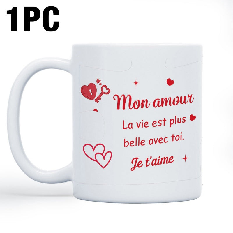 Tailorly White Ceramic 11 oz Mug - Red Hearts With Romantic Key Surrounded By Small Sparkles And Love Heart