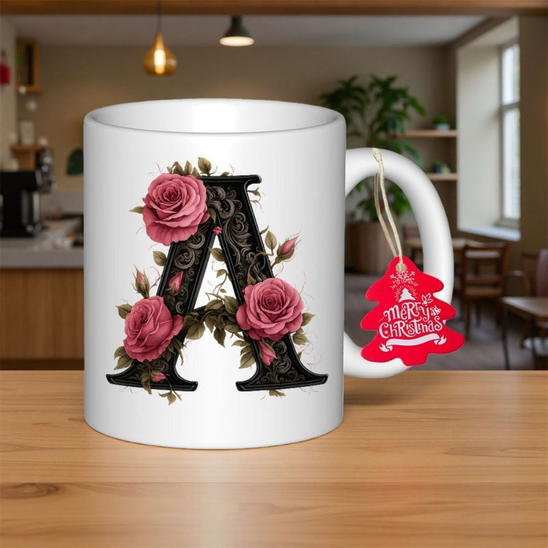 Tailorly White Ceramic 11 oz Mug - Merry Christmas A Ornate Black Serifs Decorated With Blooming Pink Roses And Leaves Letter