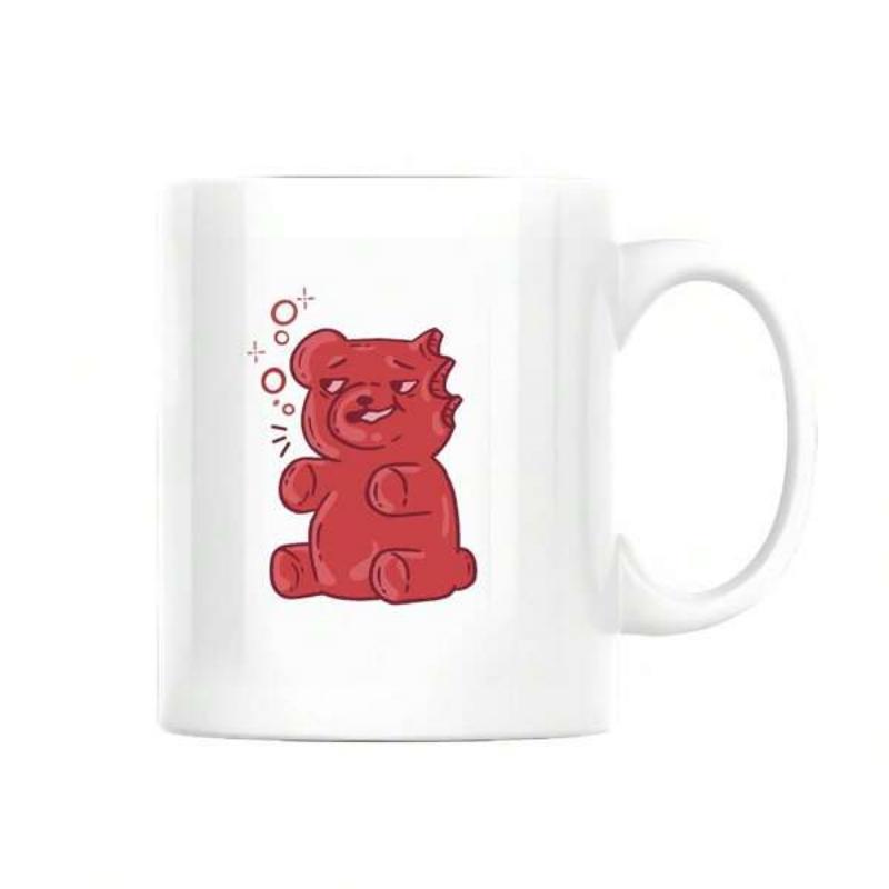 Tailorly White Ceramic 11 oz Mug - Playful Red Gummy Candy Figure Sitting With Bubbles Under Soft Light Bear