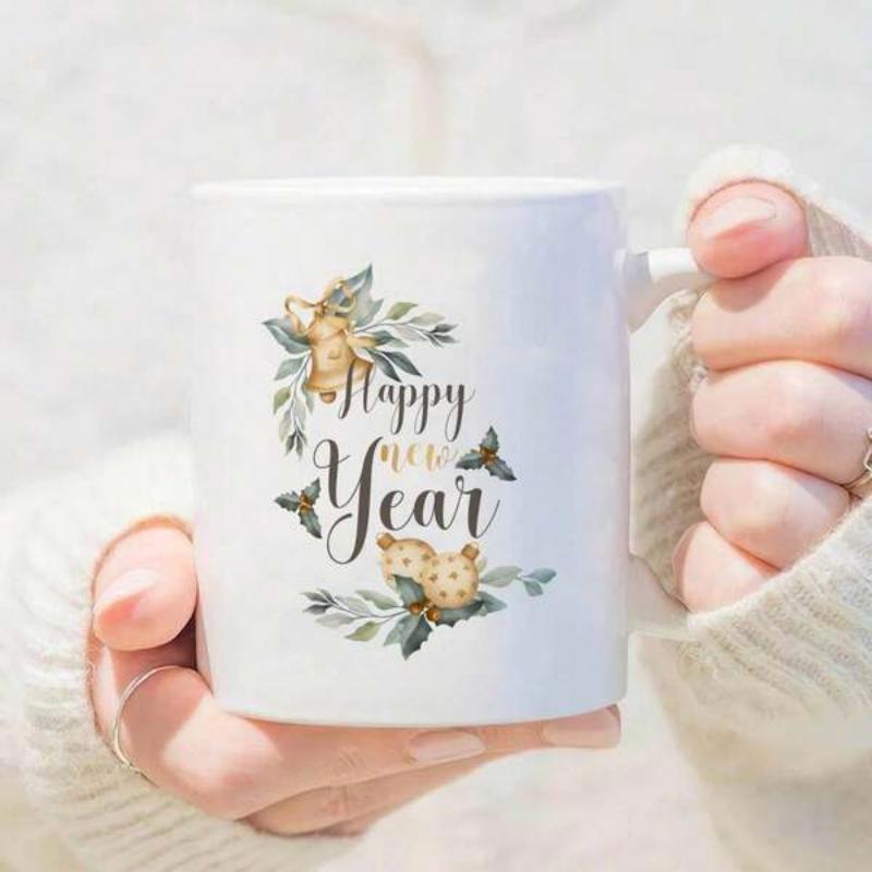 Tailorly White Ceramic 11 oz Mug - Happy New Year Festive Golden Bells Among Delicate Green Leaves And Small Elegant Butterflies Mug