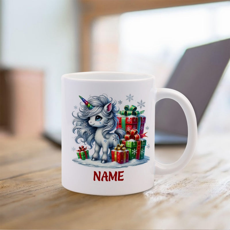 Tailorly White Ceramic 11 oz Mug - Name Festive Cartoon Character Beside Stack Of Colorful Christmas Presents Under Snowflakes Unicorn
