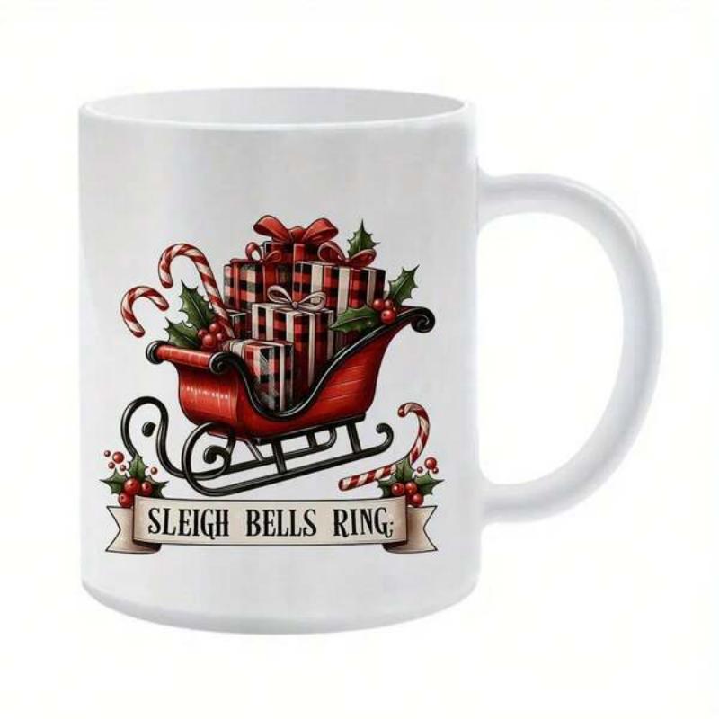 Tailorly White Ceramic 11 oz Mug - Sleigh Bells Ring Festive Vintage Red Sleigh Loaded With Plaid Gifts And Candy Canes Sleigh