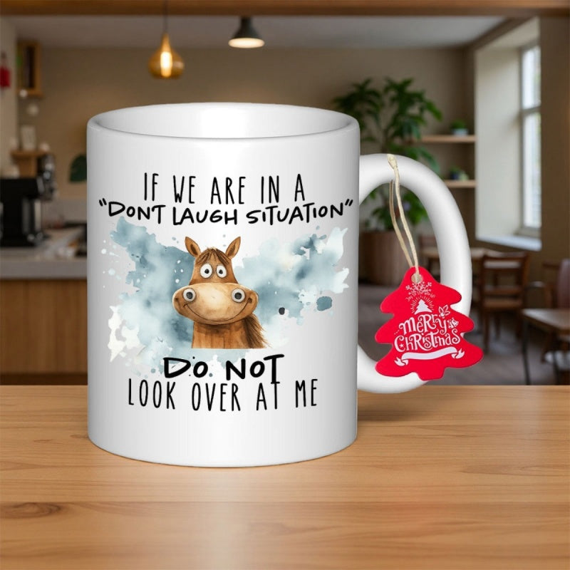 Tailorly White Ceramic 11 oz Mug - If We Are In A Dont Laugh Situation Do Not Look Over At Me Funny Cartoon Horse With Wide Eyes Among Blue Watercolor Artistic