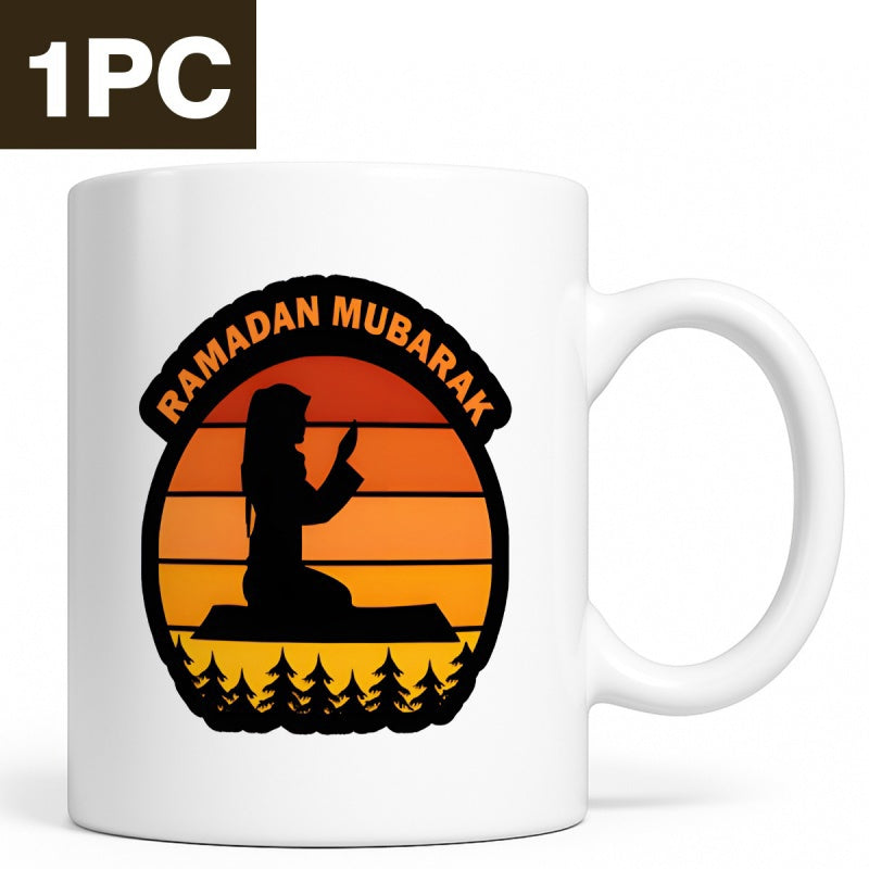 Tailorly White Ceramic 11 oz Mug - Ramadan Mubarak Peaceful Sunset Silhouette Of Praying Woman Sitting Among Majestic Pine Trees Mug