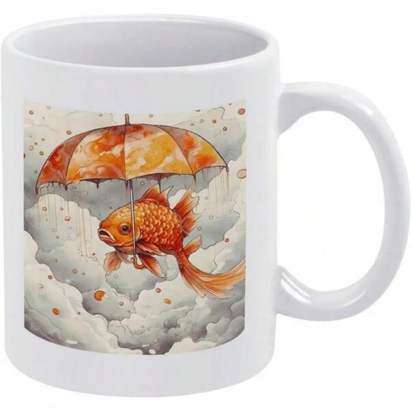 Tailorly White Ceramic 11 oz Mug - Whimsical Golden Fish Floating Under An Orange Umbrella Among Soft Pastel Clouds Goldfish