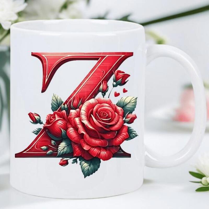 Tailorly White Ceramic 11 oz Mug - Z Elegant Red Letter Surrounded By Vibrant Blooming Garden Roses Rose