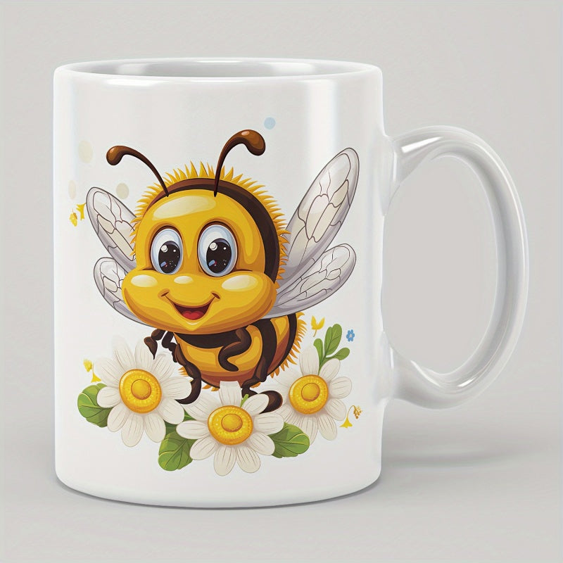 Tailorly White Ceramic 11 oz Mug - Adorable Smiling Honeybee Resting On Delicate White Daisies With Green Leaves Bee