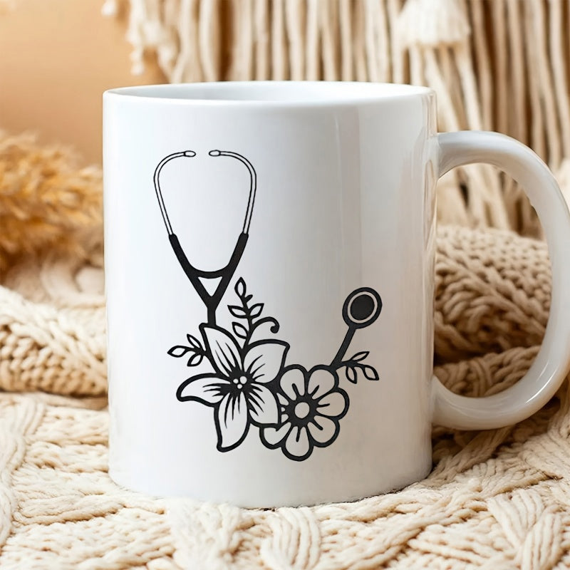 Tailorly White Ceramic 11 oz Mug - Minimalist Black Line Art Medical Tools Entwined With Elegant Blooming Wildflowers Stethoscope