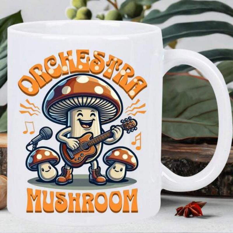 Tailorly White Ceramic 11 oz Mug - Orchestra Mushroom Happy Anthropomorphic Fungi Playing Acoustic Guitar Among Musical Notes Mushroom