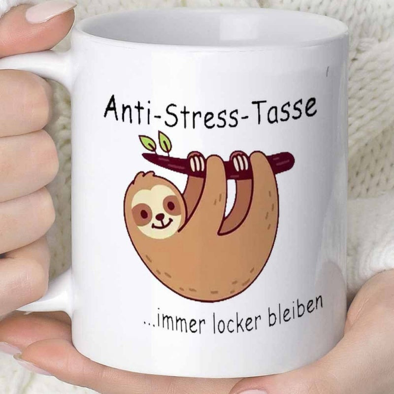 Tailorly White Ceramic 11 oz Mug - Cute Smiling Cartoon Animal Hanging On A Branch With Small Leaves Sloth