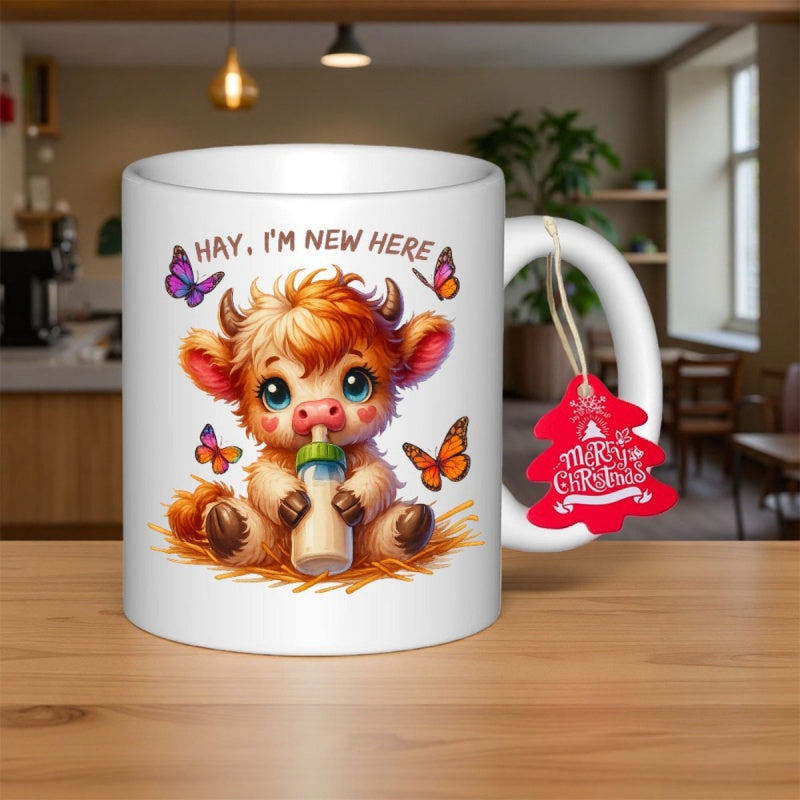 Tailorly White Ceramic 11 oz Mug - Hay Im New Here Adorable Fluffy Baby Calf Holding Bottle Among Fluttering Colorful Butterflies Cow