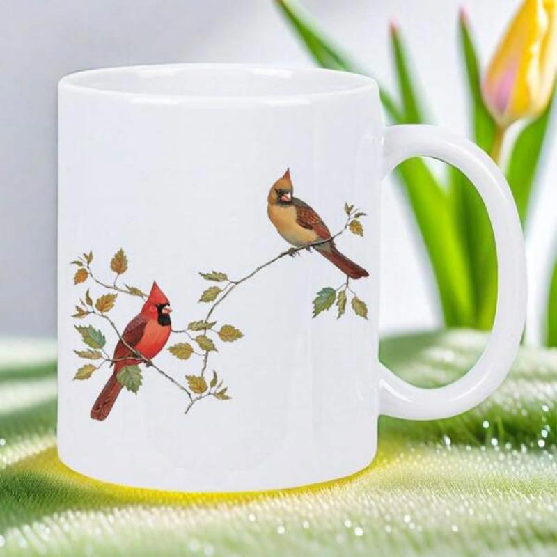 Tailorly White Ceramic 11 oz Mug - Graceful Red And Brown Birds Perched On A Branch Among Leaves Cardinal