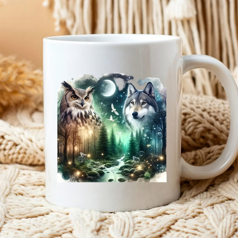 Tailorly White Ceramic 11 oz Mug - Mystical Forest With Glowing Fireflies Under Moonlight And Majestic Owl Wolf