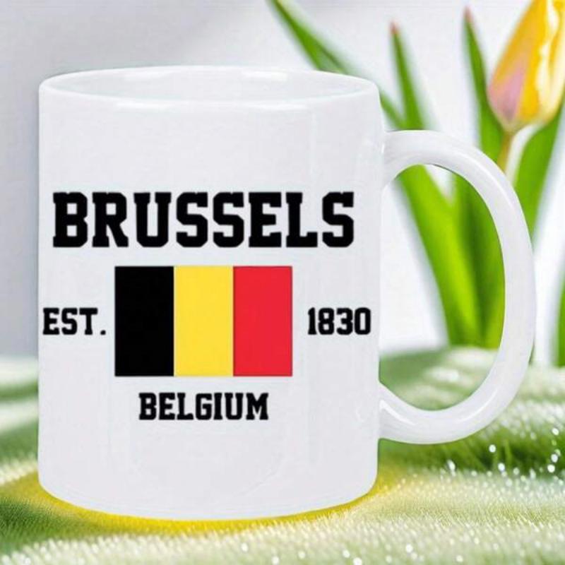 Tailorly White Ceramic 11 oz Mug - Brussels Est 1830 Belgium Traditional National Tricolor Colors Centered Among Bold Black Heritage Typography Flag