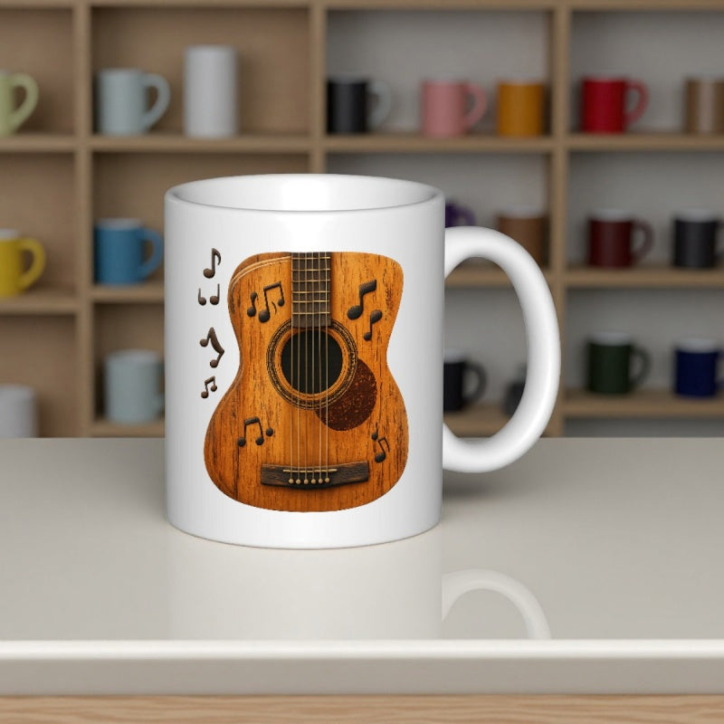 Tailorly White Ceramic 11 oz Mug - Rustic Wooden Acoustic Instrument With Floating Black Musical Harmony Notes Guitar