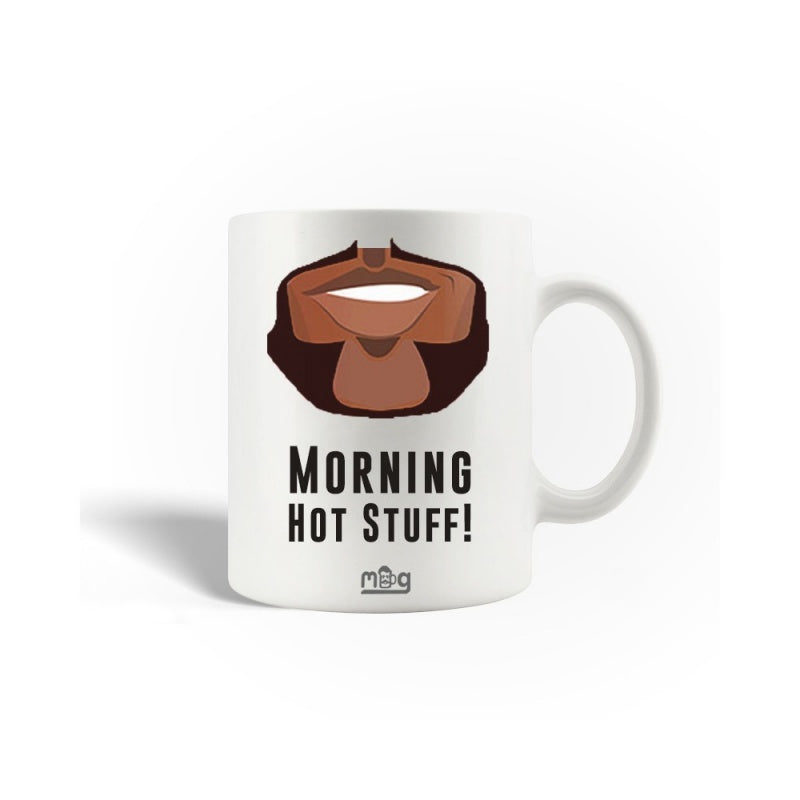 Tailorly White Ceramic 11 oz Mug - Morning Hot Stuff Minimalist Brown Facial Hair Illustration Featuring A Masculine Groomed Beard