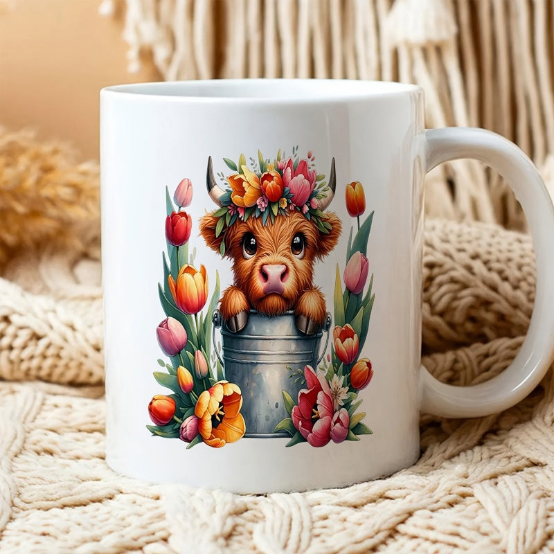 Tailorly White Ceramic 11 oz Mug - Highland Calf Wearing Floral Crown Inside Metal Bucket Surrounded By Tulips Cow