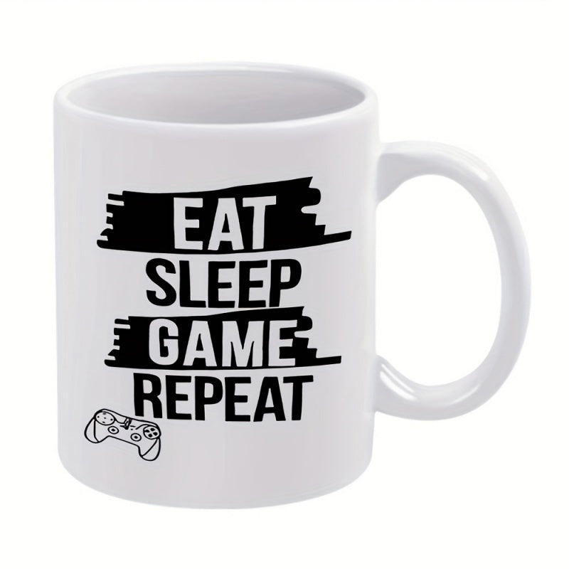Tailorly White Ceramic 11 oz Mug - Eat Sleep Game Repeat Minimalist Hand Drawn Artistic Lines Among Bold Textured Black Brush Strokes Controller