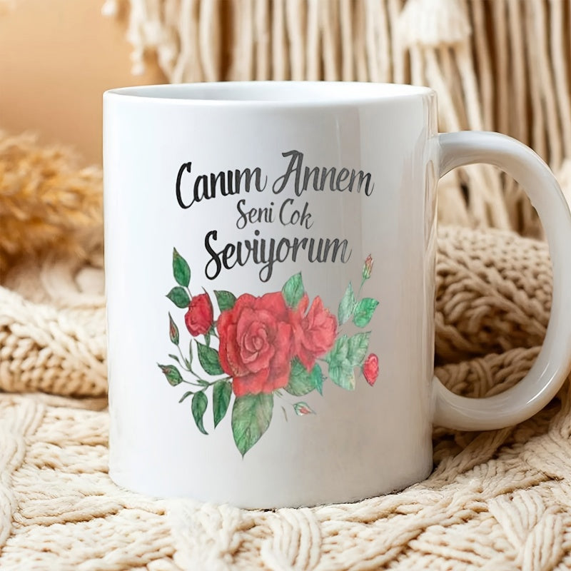 Tailorly White Ceramic 11 oz Mug - Elegant Hand Painted Red Blooming Garden Flowers With Lush Green Leaves Rose