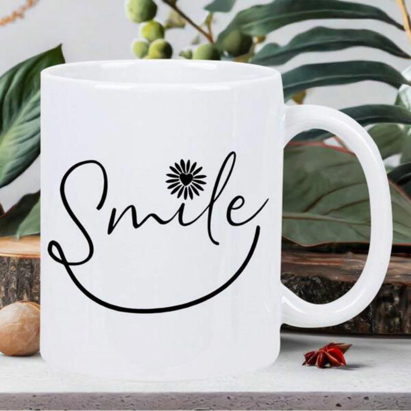 Tailorly White Ceramic 11 oz Mug - Smile Elegant Handwritten Script Design Featuring Heart Centered Daisy Petal Details Mug