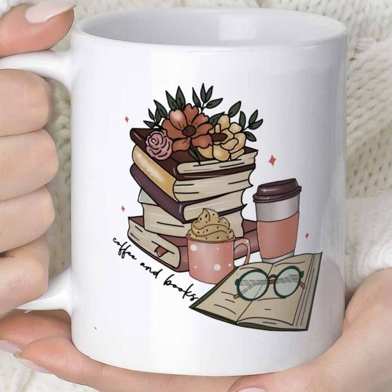Tailorly White Ceramic 11 oz Mug - Coffee And Books Cozy Reading Atmosphere With Flowers And Warm Morning Beverages Books