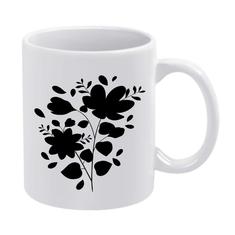 Tailorly White Ceramic 11 oz Mug - Minimalist Black Floral Silhouette With Elegant Leaves And Blooming Petals Flower
