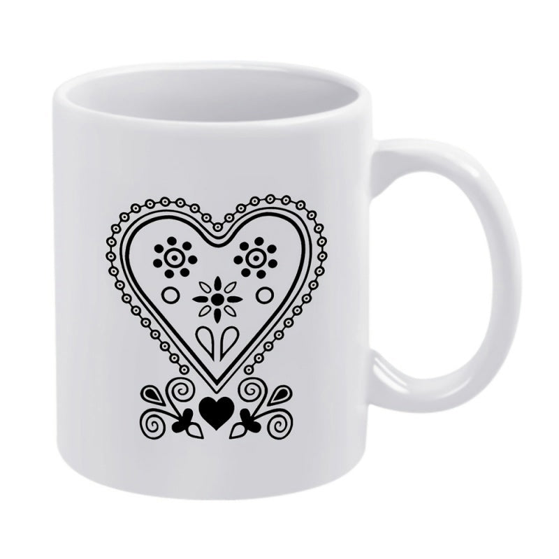 Tailorly White Ceramic 11 oz Mug - Ornate Symmetrical Folk Art Design With Delicate Floral Patterns And Swirls Heart