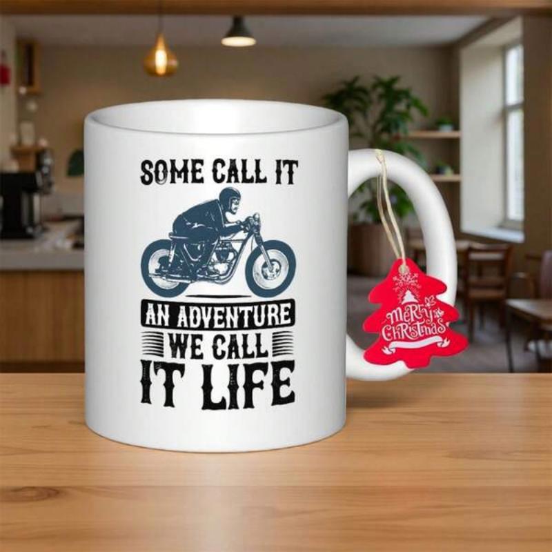 Tailorly White Ceramic 11 oz Mug - Some Call It An Adventure We Call It Life Vintage Style Silhouette Biker Riding A Classic Cafe Racer Motorcycle