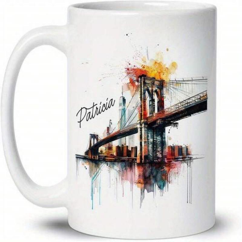 Tailorly White Ceramic 11 oz Mug - Patricia Vibrant Watercolor Cityscape With Splashed Colors Spanning Over The Reflective River Bridge