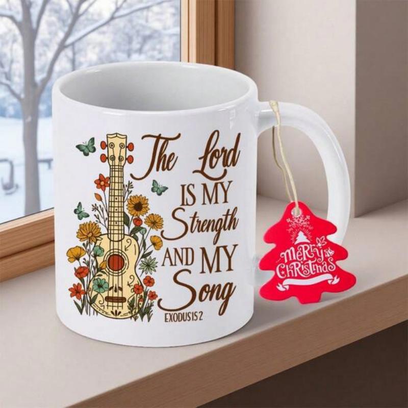 Tailorly White Ceramic 11 oz Mug - The Lord Is My Strength And My Song Vintage Acoustic Guitar Amidst A Garden Of Vibrant Blooming Wildflowers Guitar