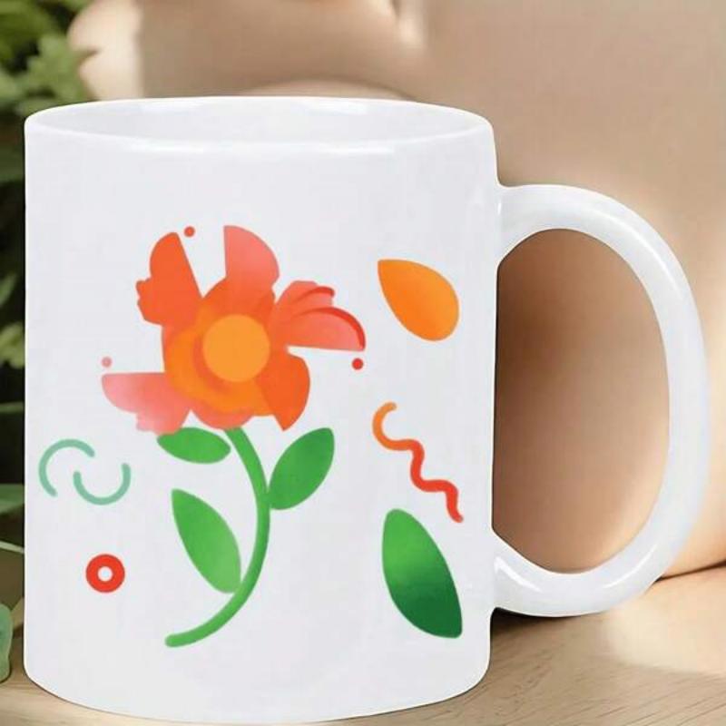 Tailorly White Ceramic 11 oz Mug - Stylized Blooming Orange Blossom Among Floating Vibrant Green Leaves And Shapes Flower