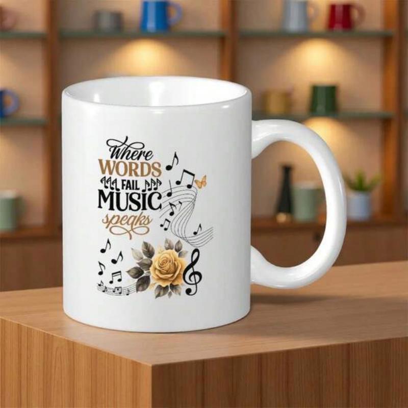 Tailorly White Ceramic 11 oz Mug - Where Words Fail Music Speaks Dancing Musical Notes Surrounded By Elegant Leaves And Golden Rose Mug