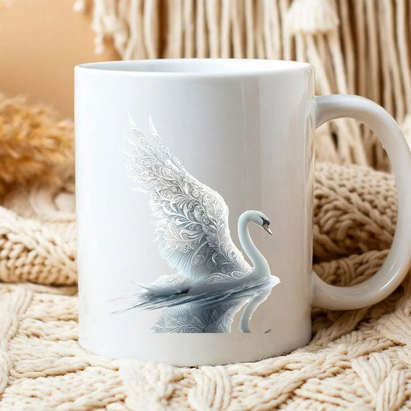 Tailorly White Ceramic 11 oz Mug - Graceful White Bird With Filigree Patterned Wings Floating Over Reflective Water Swan