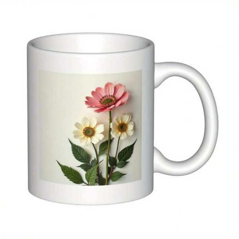 Tailorly White Ceramic 11 oz Mug - Beautiful Pink And White Daisies Blooming Among Lush Green Leaves Flower
