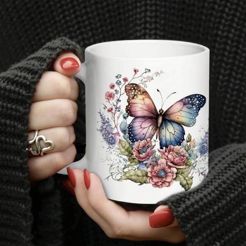 Tailorly White Ceramic 11 oz Mug - Watercolor Style Artistic Wings With Delicate Pink Floral Vine Accents Butterfly