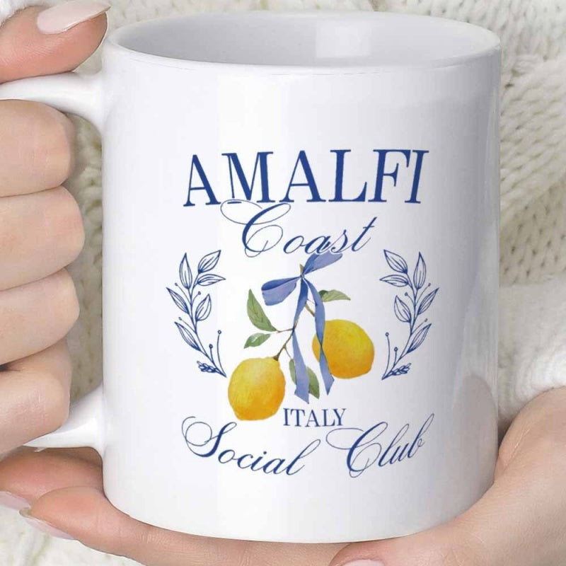 Tailorly White Ceramic 11 oz Mug - Amalfi Coast Italy Social Club Fresh Yellow Lemons With Elegant Blue Ribbon Among Delicate Laurel Leaves Lemon