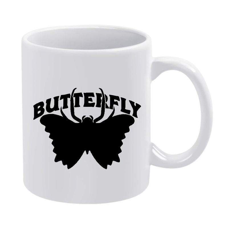 Tailorly White Ceramic 11 oz Mug - Butterfly Mysterious Winged Creature Silhouette Surrounded By Bold Arched Text Label Mothman