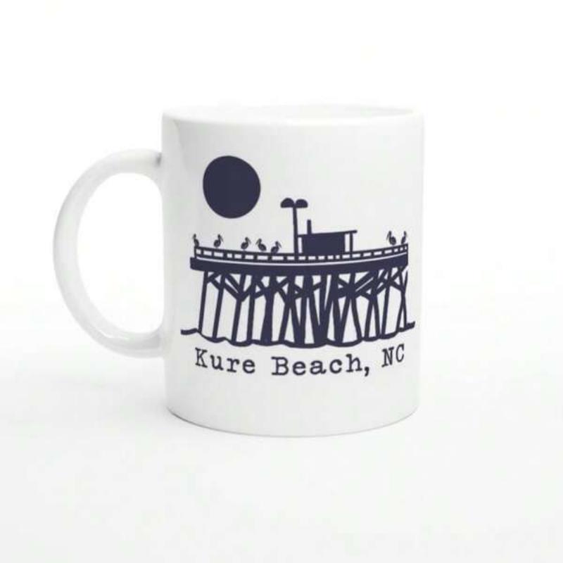 Tailorly White Ceramic 11 oz Mug - Kure Beach NC Minimalist Coastal Structure Over Calm Ocean Waves Under A Circle Pier