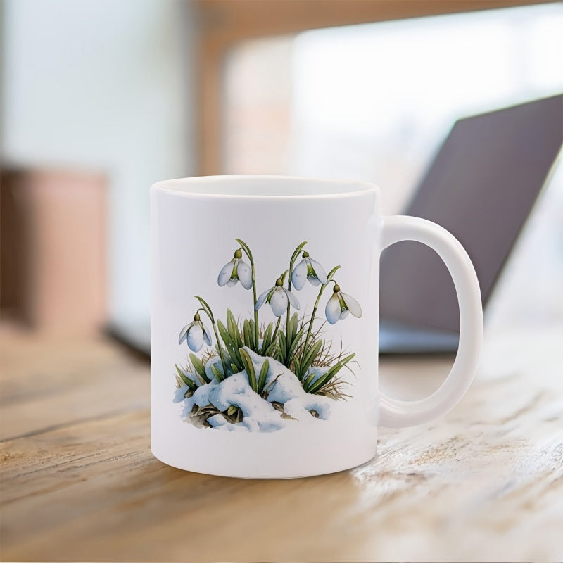 Tailorly White Ceramic 11 oz Mug - Delicate White Flowers Emerging From Cold Winter Snow Among Green Leaves Snowdrop