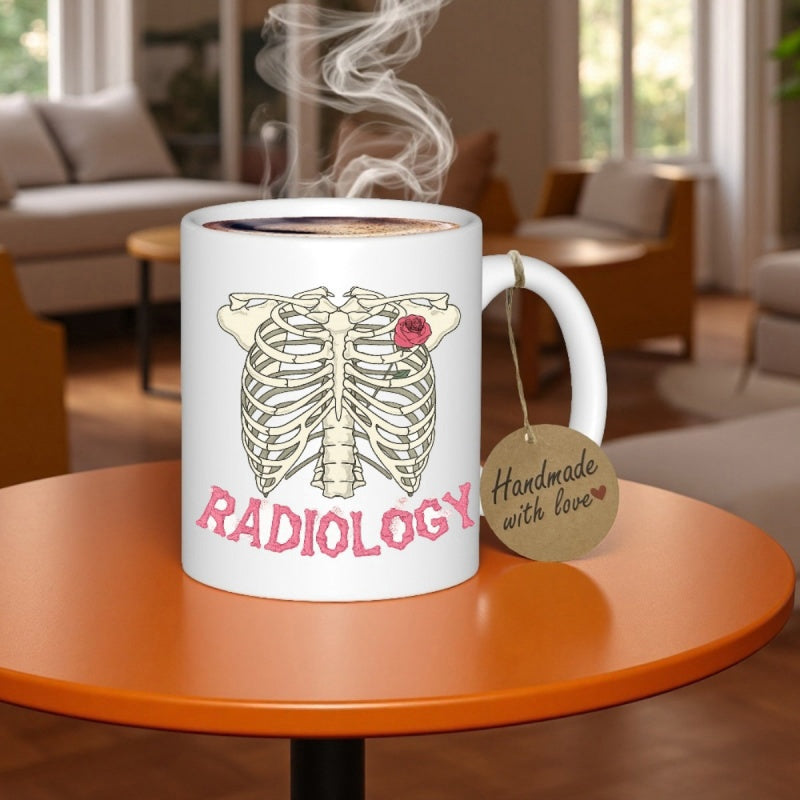 Tailorly White Ceramic 11 oz Mug - Radiology Detailed Anatomical Skeletal Bones Featuring A Delicate Red Flower Ribcage