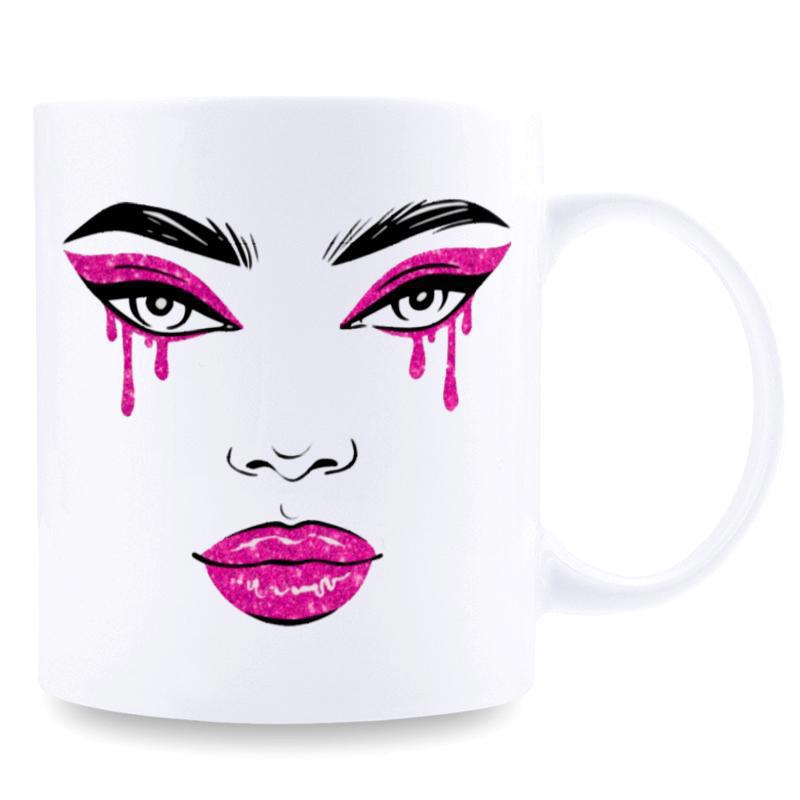Tailorly White Ceramic 11 oz Mug - Glamorous Makeup Art With Pink Dripping Eyes And Glittery Lips Face