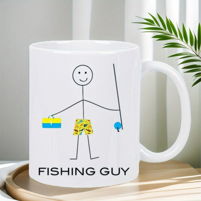 Tailorly White Ceramic 11 oz Mug - Fishing Guy Minimalist Stick Figure Holding Fishing Rod And Yellow Tackle Box Fisherman