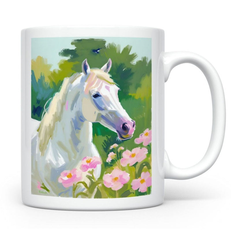 Tailorly White Ceramic 11 oz Mug - Graceful White Stallion Standing Among Pink Flowers In Vibrant Summer Garden Horse