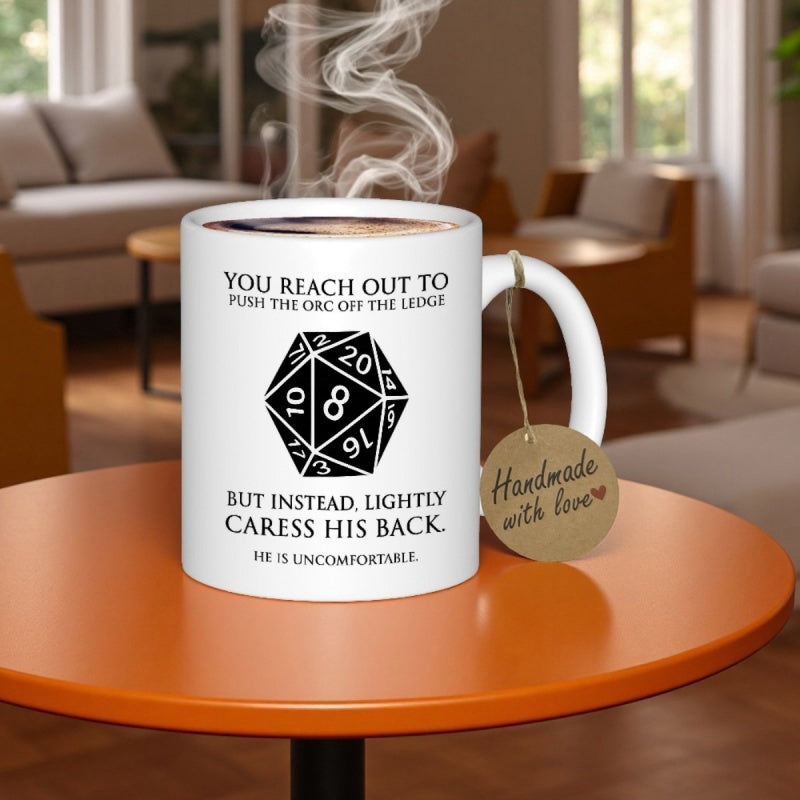 Tailorly White Ceramic 11 oz Mug - You Reach Out To Push The Orc Off The Ledge But Instead Lightly Caress His Back He Is Uncomfortable Minimalist Polyhedral