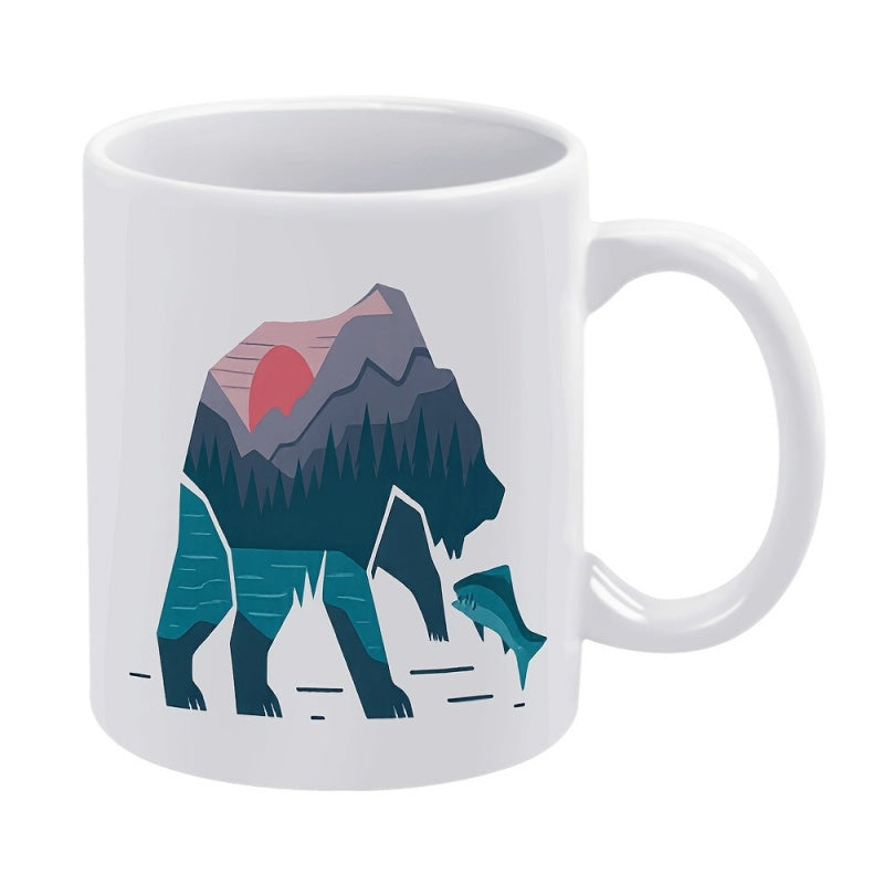 Tailorly White Ceramic 11 oz Mug - Mountain Forest Landscape With Jumping Fish Inside Majestic Wild Bear