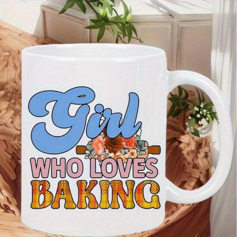 Tailorly White Ceramic 11 oz Mug - Girl Who Loves Baking Classic Wooden Tool Adorned With Vibrant Hand Painted Floral Petals Rolling Pin