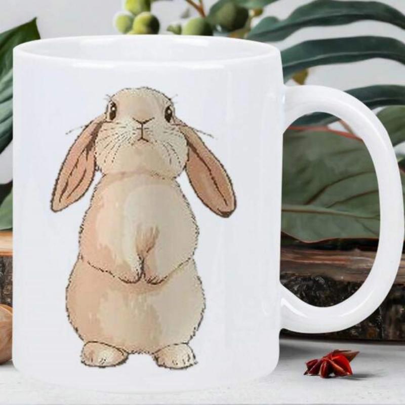Tailorly White Ceramic 11 oz Mug - Adorable Standing Beige Watercolor Bunny With Long Ears On Ceramic Rabbit