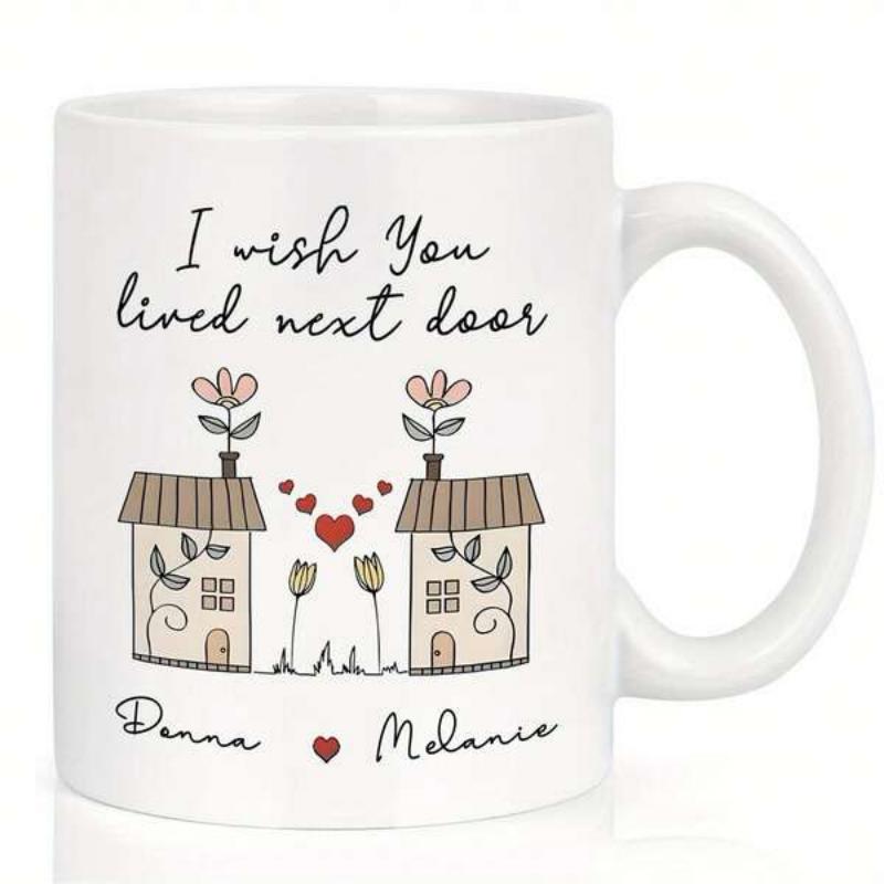 Tailorly White Ceramic 11 oz Mug - I Wish You Lived Next Door Donna Melanie Two Charming Hand Drawn Cottages With Flowers And Hearts House